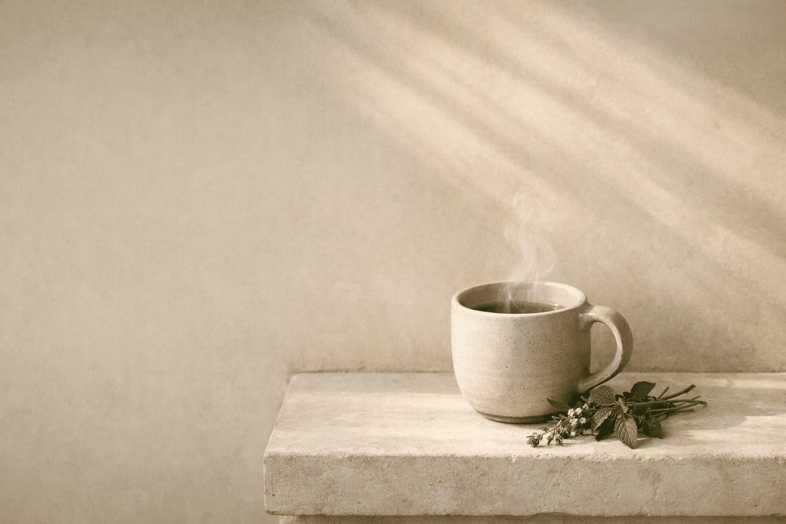 Ceramic cup of herbal tea with fresh herbs on natural stone